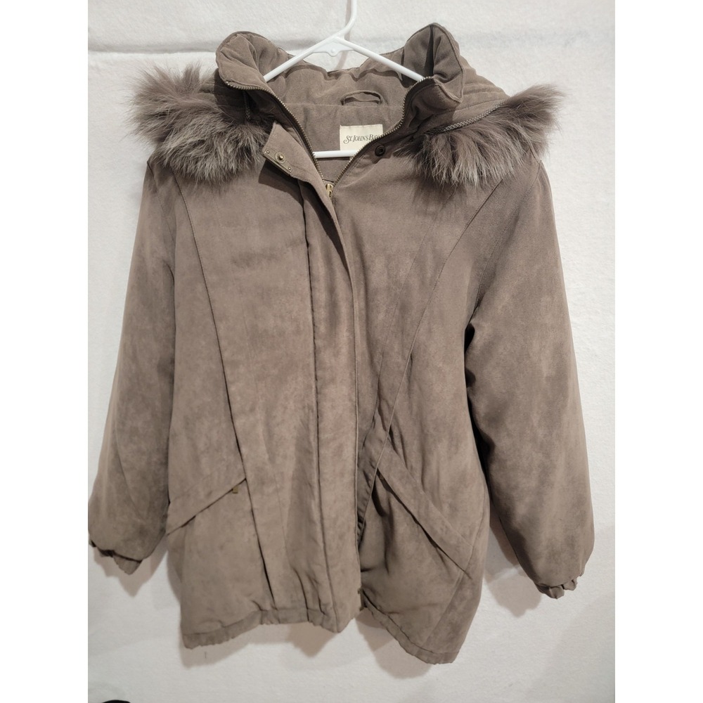 St. John's Bay Women‎ PM Petite Medium Faux Suede Parka Faux Fur Trim Hood Coat